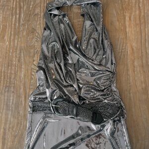 Metallic Silver Belted Mini Dress